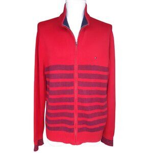 Tommy Hilfiger SZ L Red Full Zip Cotton Mock Turtleneck Cardigan w/ Navy Stripes